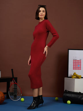 Red Acrylic High Neck Midi Jumper Dress-SASSAFRAS