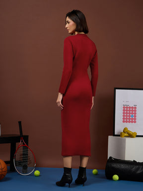 Red Acrylic High Neck Midi Jumper Dress-SASSAFRAS