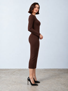 Brown Acrylic High Neck Midi Jumper Dress-SASSAFRAS