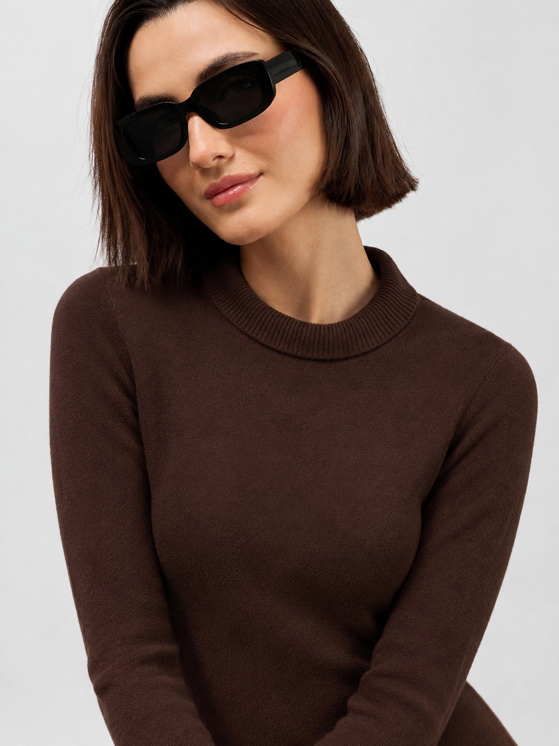 Brown Acrylic High Neck Midi Jumper Dress-SASSAFRAS
