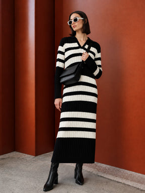 Black with White Stripes Acrylic Collar Maxi Jumper Dress-SASSAFRAS