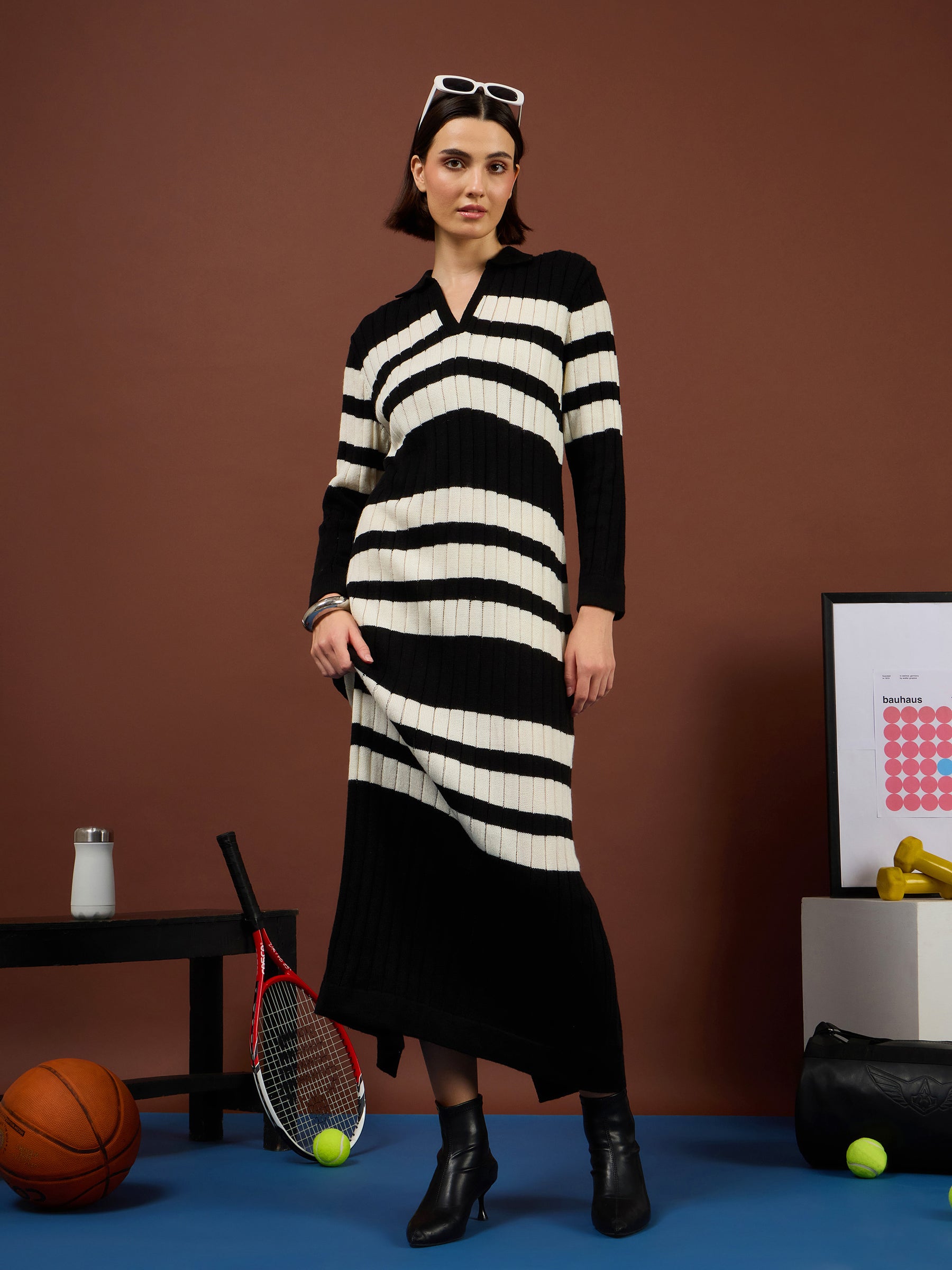 Black with White Stripes Acrylic Collar Maxi Jumper Dress-SASSAFRAS