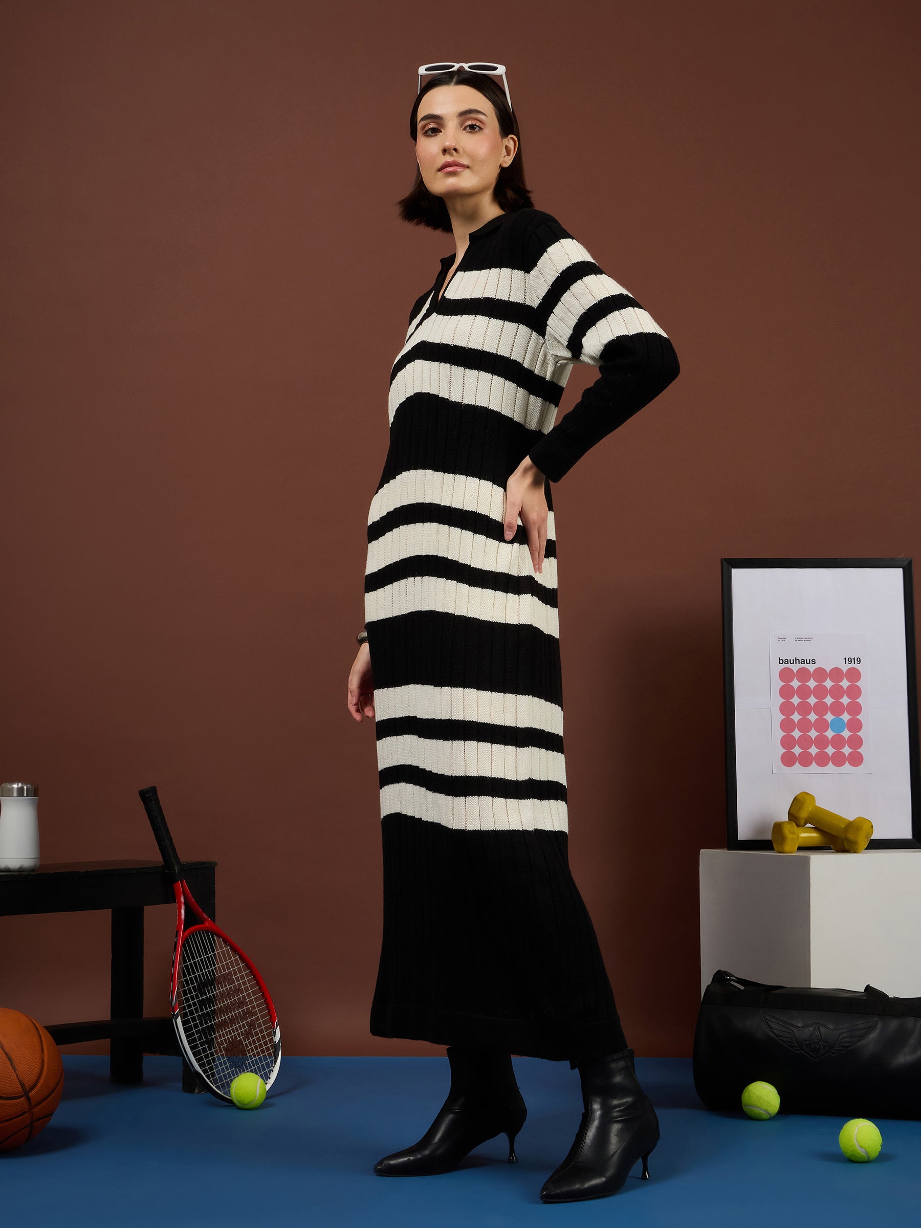 Black with White Stripes Acrylic Collar Maxi Jumper Dress-SASSAFRAS