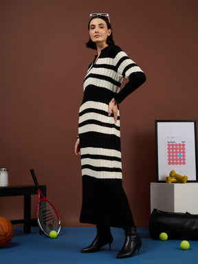 Black with White Stripes Acrylic Collar Maxi Jumper Dress-SASSAFRAS