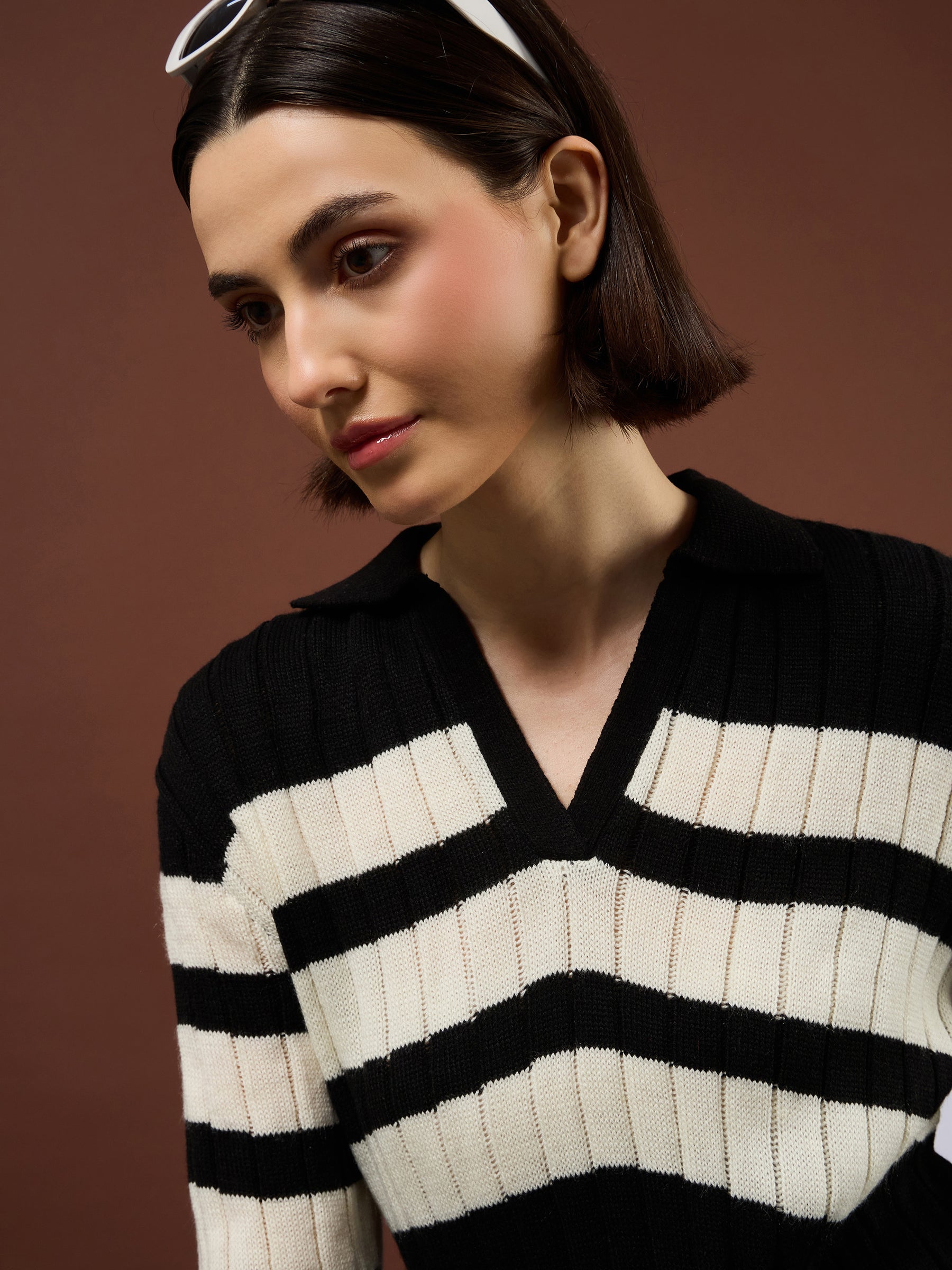 Black with White Stripes Acrylic Collar Maxi Jumper Dress-SASSAFRAS