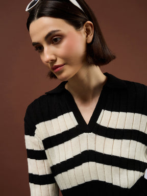 Black with White Stripes Acrylic Collar Maxi Jumper Dress-SASSAFRAS