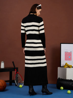 Black with White Stripes Acrylic Collar Maxi Jumper Dress-SASSAFRAS