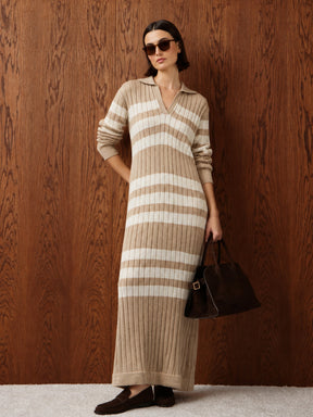 Tan with White Stripes Acrylic Maxi Jumper Dress-SASSAFRAS