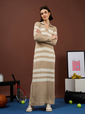 Tan with White Stripes Acrylic Maxi Jumper Dress-SASSAFRAS