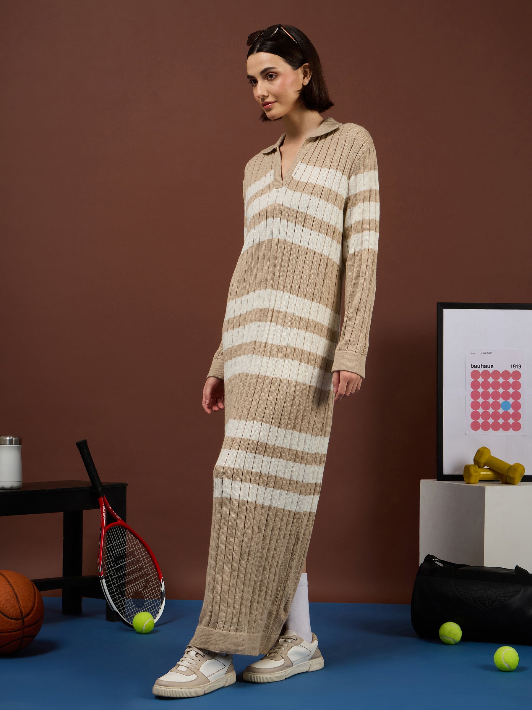 Tan with White Stripes Acrylic Maxi Jumper Dress-SASSAFRAS