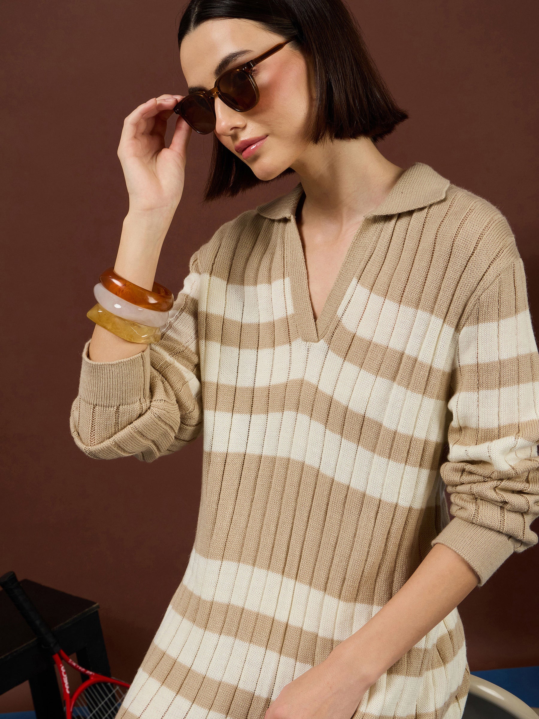 Tan with White Stripes Acrylic Maxi Jumper Dress-SASSAFRAS