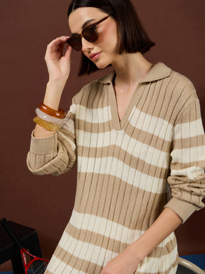 Tan with White Stripes Acrylic Maxi Jumper Dress-SASSAFRAS
