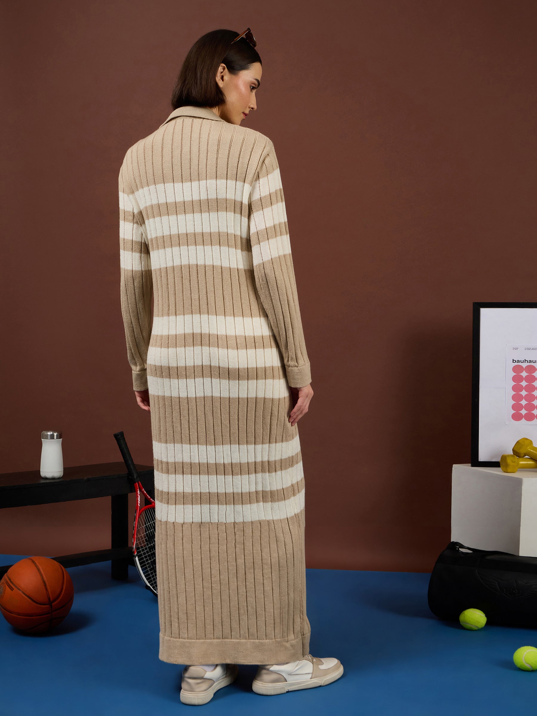Tan with White Stripes Acrylic Maxi Jumper Dress-SASSAFRAS