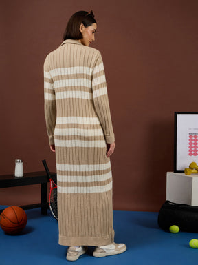 Tan with White Stripes Acrylic Maxi Jumper Dress-SASSAFRAS