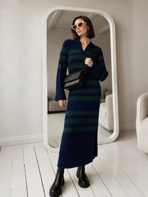 Navy with Green White Stripes Acrylic Maxi Jumper Dress-SASSAFRAS