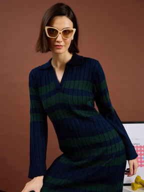 Navy with Green White Stripes Acrylic Maxi Jumper Dress-SASSAFRAS
