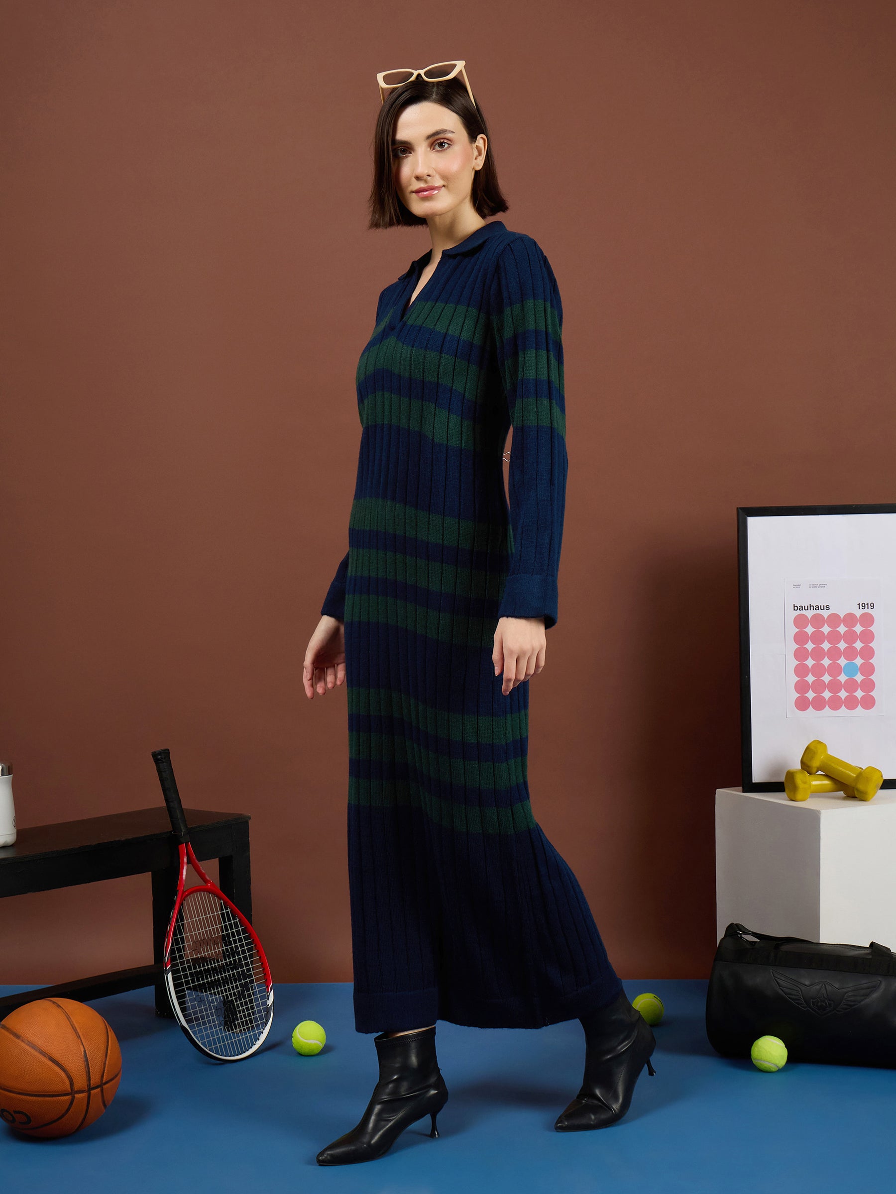 Navy with Green White Stripes Acrylic Maxi Jumper Dress-SASSAFRAS
