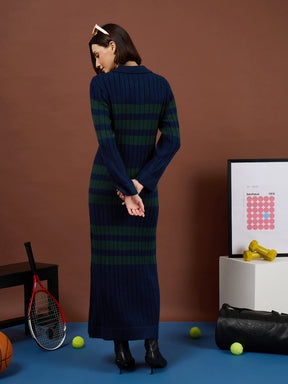 Navy with Green White Stripes Acrylic Maxi Jumper Dress-SASSAFRAS