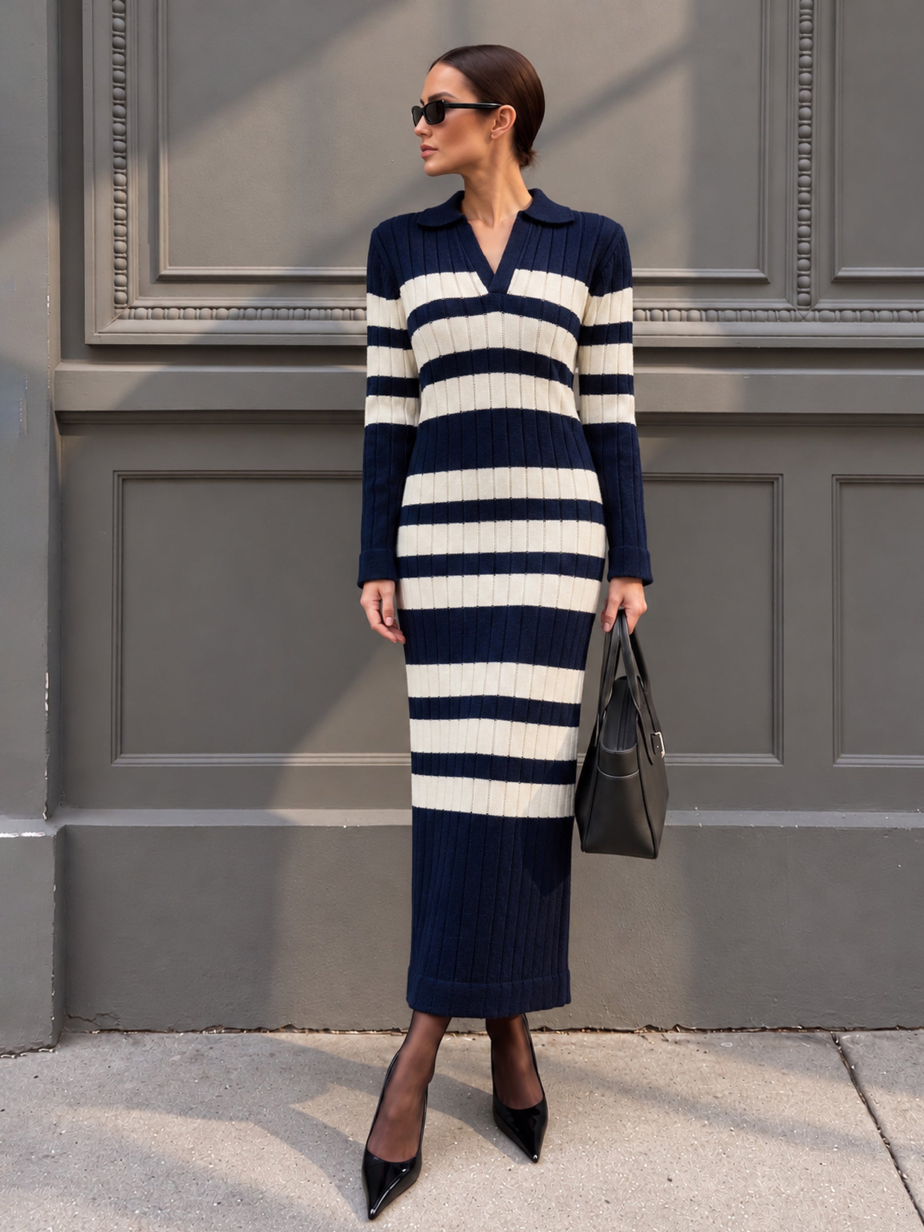 Navy with White Stripes Acrylic Maxi Jumper Dress-SASSAFRAS