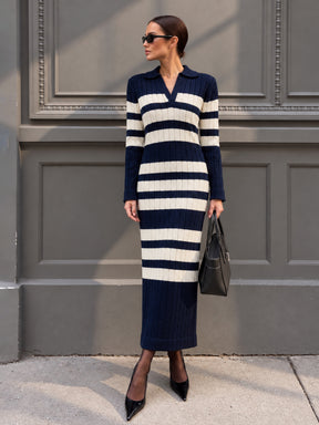 Navy with White Stripes Acrylic Maxi Jumper Dress-SASSAFRAS