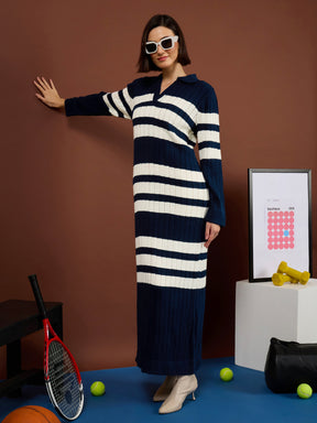 Navy with White Stripes Acrylic Maxi Jumper Dress-SASSAFRAS