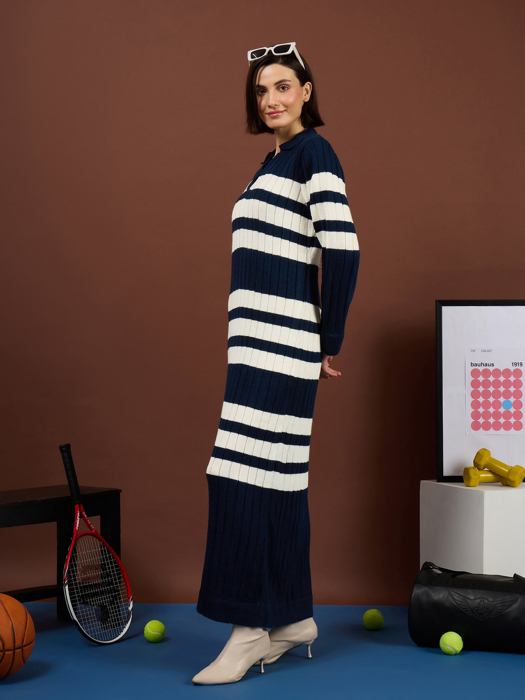 Navy with White Stripes Acrylic Maxi Jumper Dress-SASSAFRAS