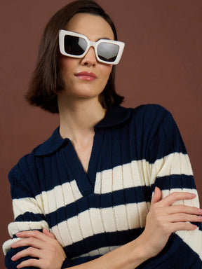 Navy with White Stripes Acrylic Maxi Jumper Dress-SASSAFRAS
