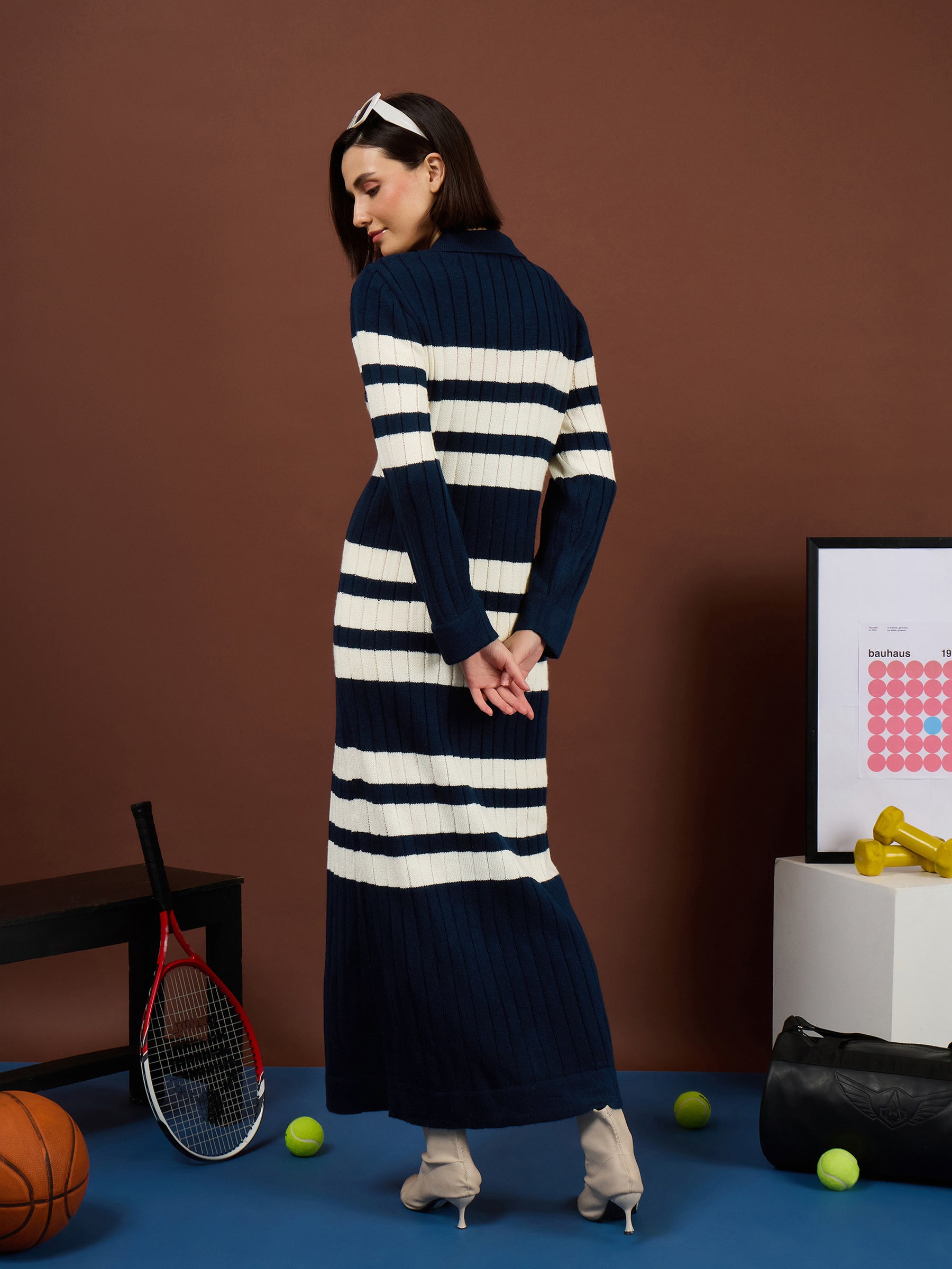 Navy with White Stripes Acrylic Maxi Jumper Dress-SASSAFRAS