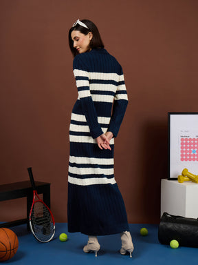 Navy with White Stripes Acrylic Maxi Jumper Dress-SASSAFRAS