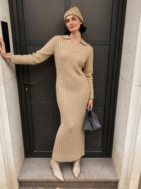 Beige Acrylic Collar Maxi Jumper Dress-SASSAFRAS