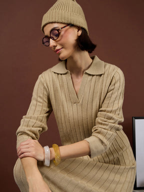 Beige Acrylic Collar Maxi Jumper Dress-SASSAFRAS