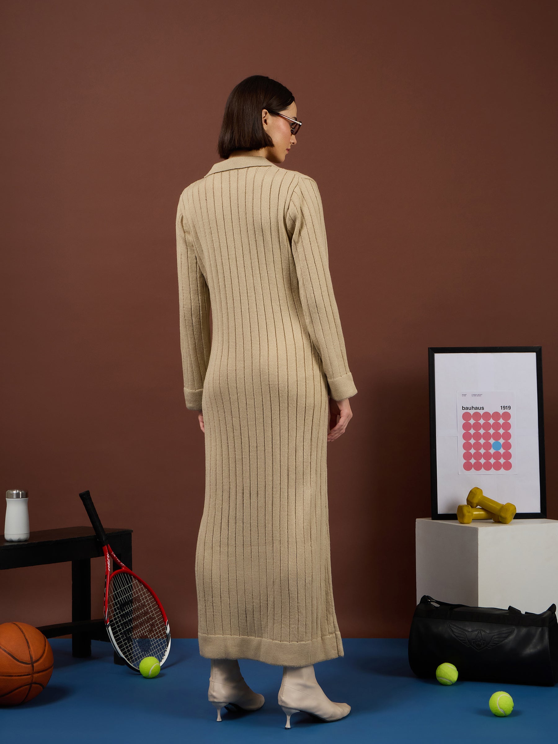 Beige Acrylic Collar Maxi Jumper Dress-SASSAFRAS
