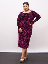 Magenta Velour Sequence Square Neck Midi Dress-SASSAFRAS Curve