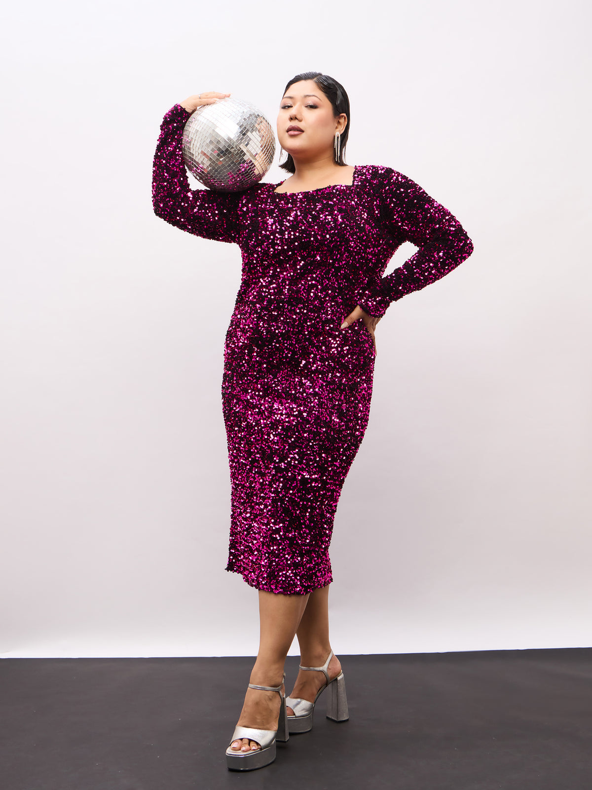 Magenta Velour Sequence Square Neck Midi Dress-SASSAFRAS Curve