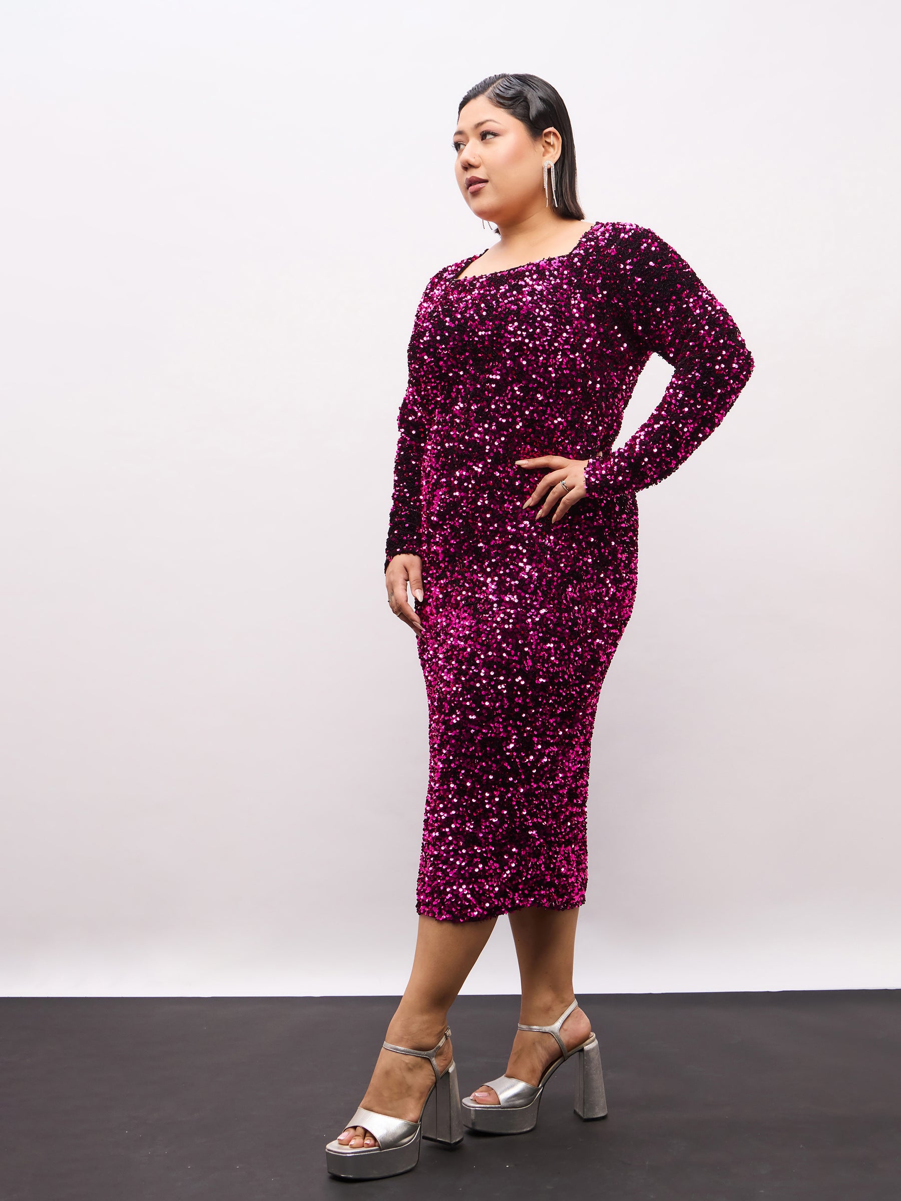 Magenta Velour Sequence Square Neck Midi Dress-SASSAFRAS Curve