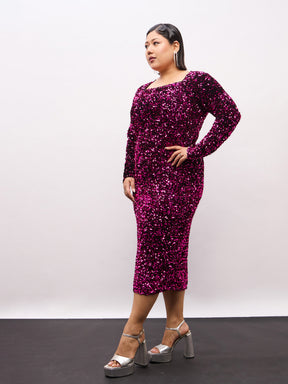 Magenta Velour Sequence Square Neck Midi Dress-SASSAFRAS Curve
