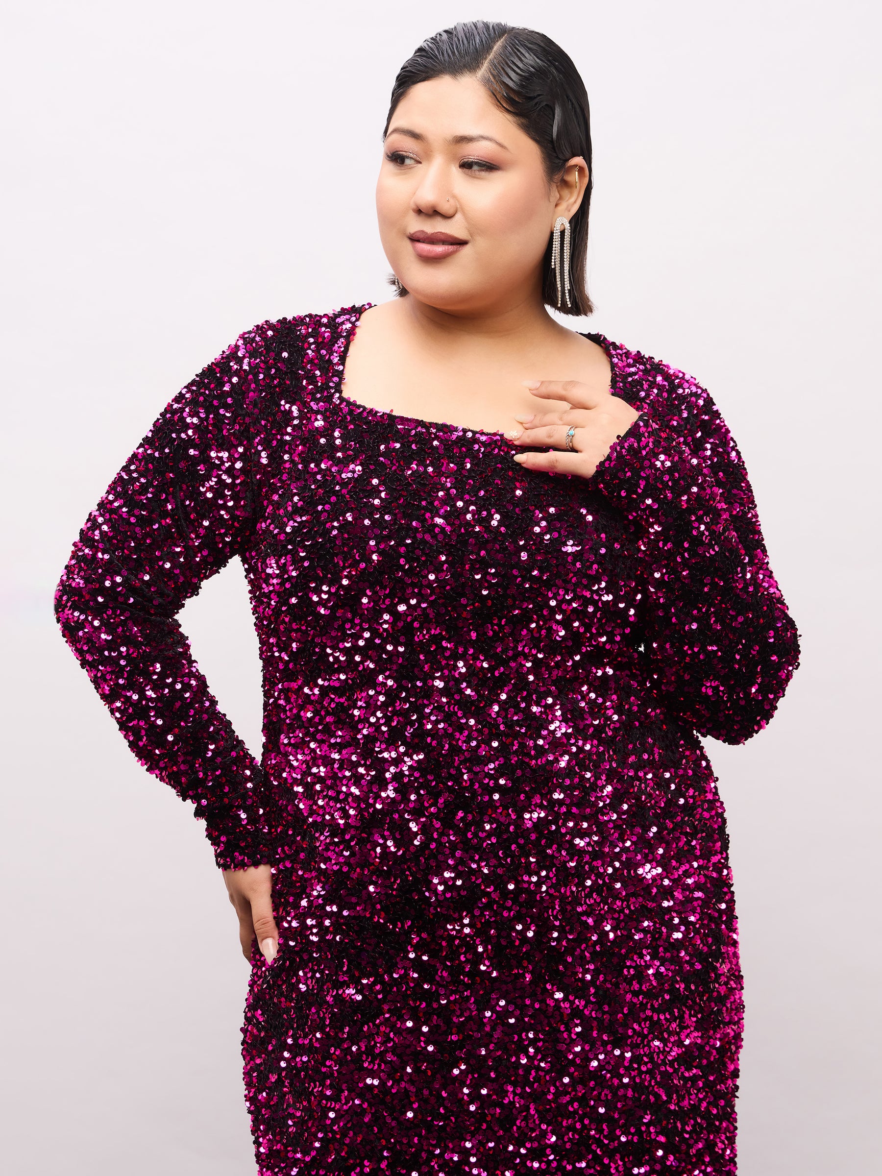 Magenta Velour Sequence Square Neck Midi Dress-SASSAFRAS Curve