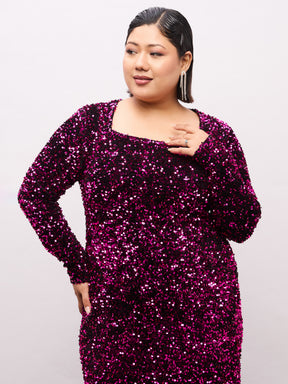Magenta Velour Sequence Square Neck Midi Dress-SASSAFRAS Curve