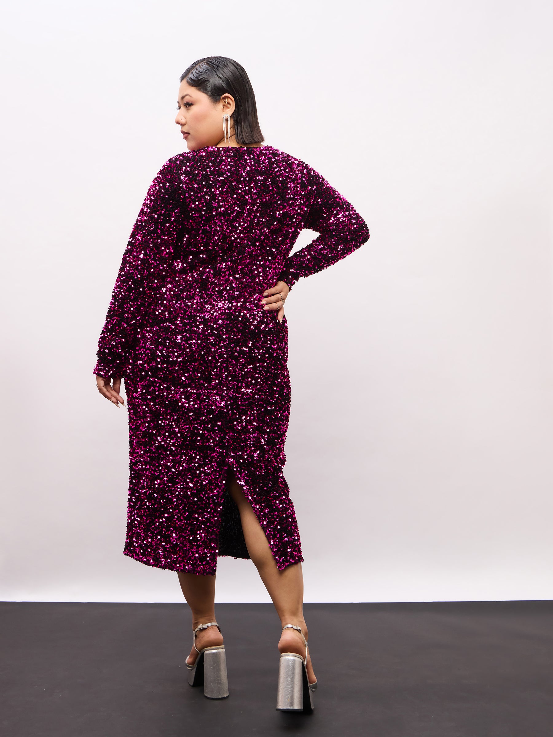 Magenta Velour Sequence Square Neck Midi Dress-SASSAFRAS Curve