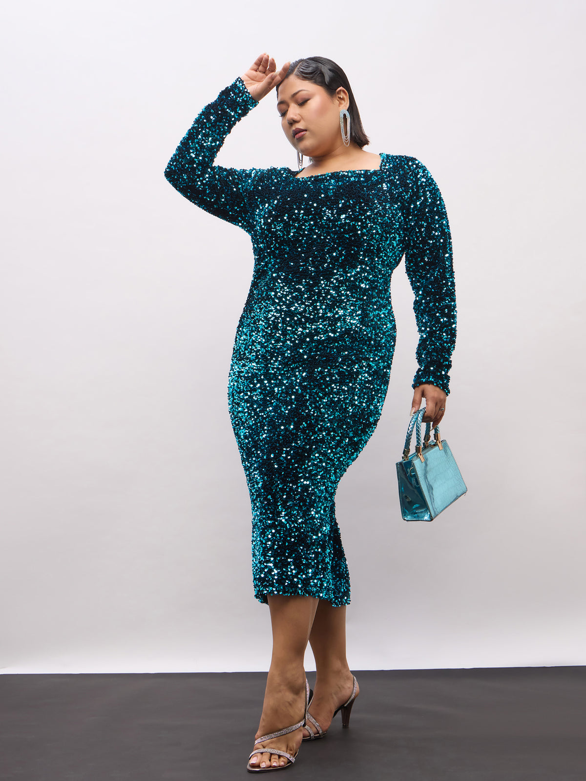 Teal Velour Sequence Square Neck Midi Dress-SASSAFRAS Curve