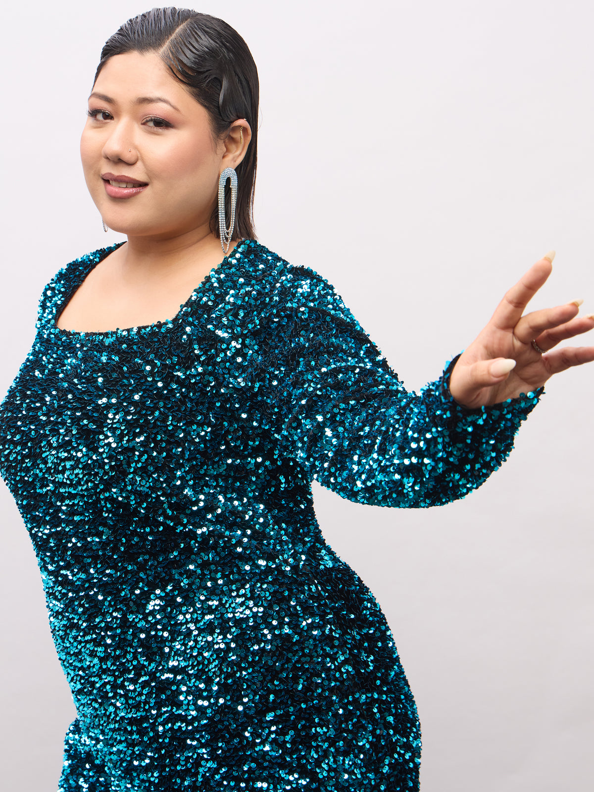 Teal Velour Sequence Square Neck Midi Dress-SASSAFRAS Curve