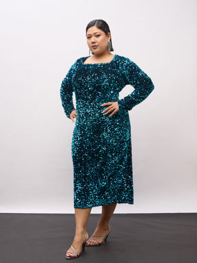 Teal Velour Sequence Square Neck Midi Dress-SASSAFRAS Curve