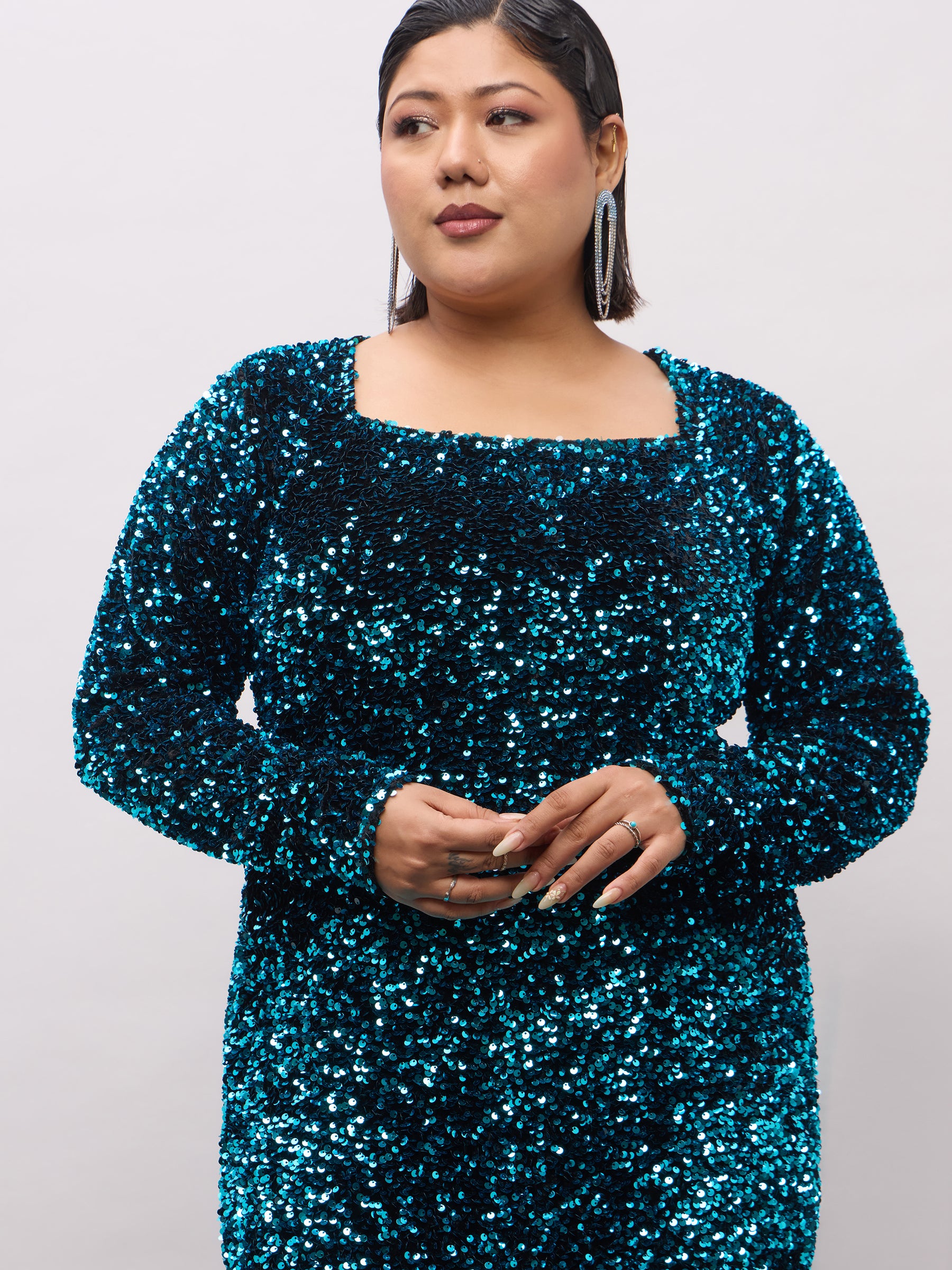 Teal Velour Sequence Square Neck Midi Dress-SASSAFRAS Curve