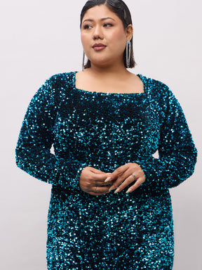 Teal Velour Sequence Square Neck Midi Dress-SASSAFRAS Curve