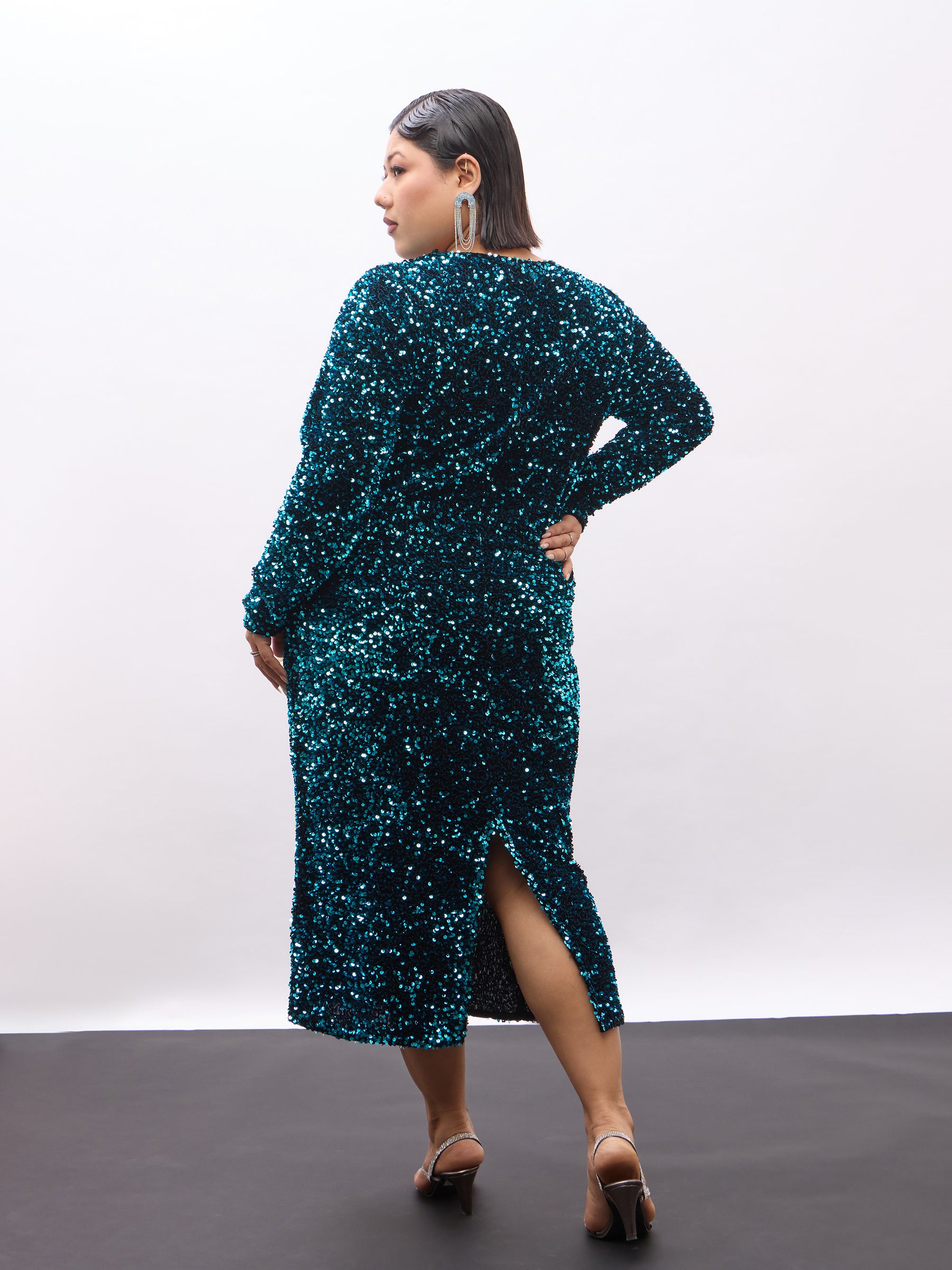 Teal Velour Sequence Square Neck Midi Dress-SASSAFRAS Curve