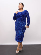 Royal Blue Velour Sequence Square Neck Midi Dress-SASSAFRAS Curve
