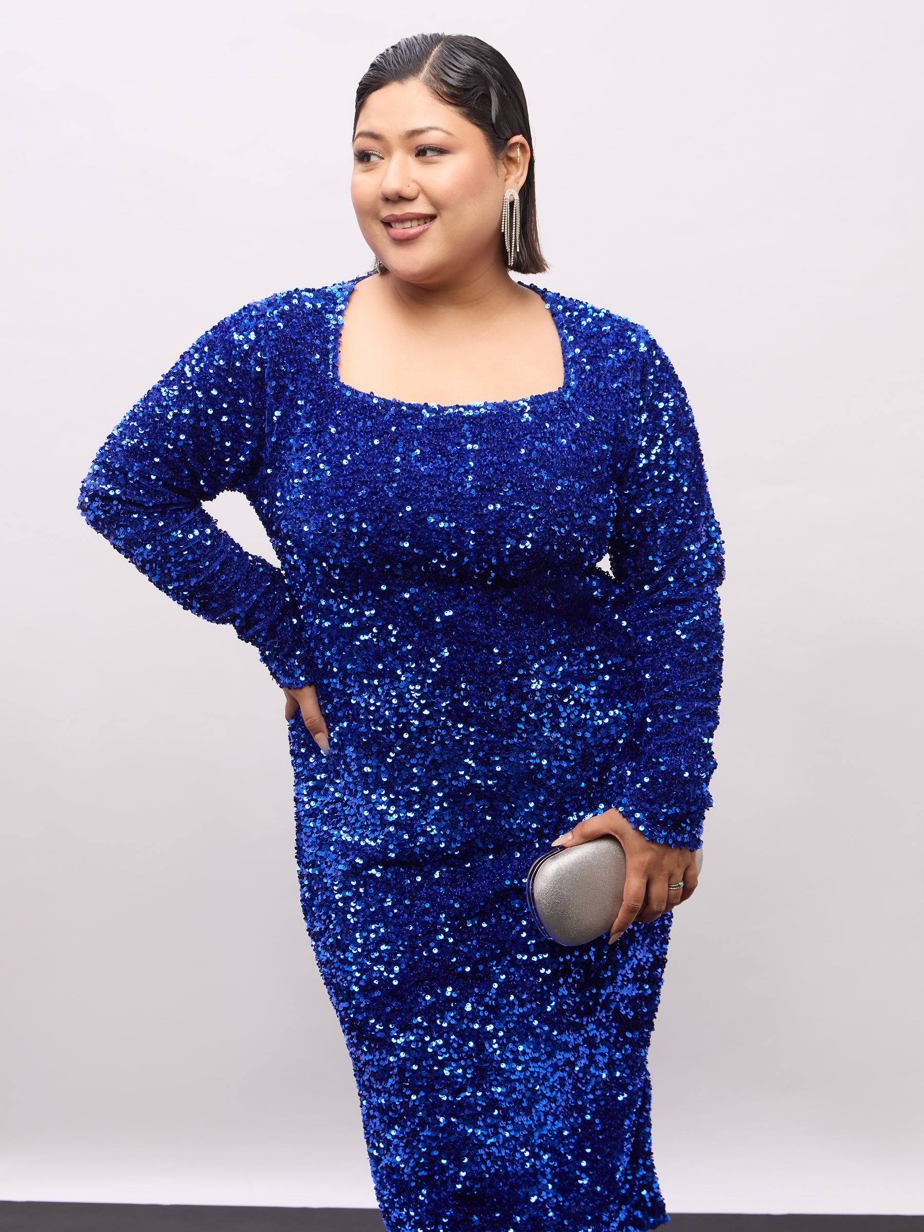 Royal Blue Velour Sequence Square Neck Midi Dress-SASSAFRAS Curve