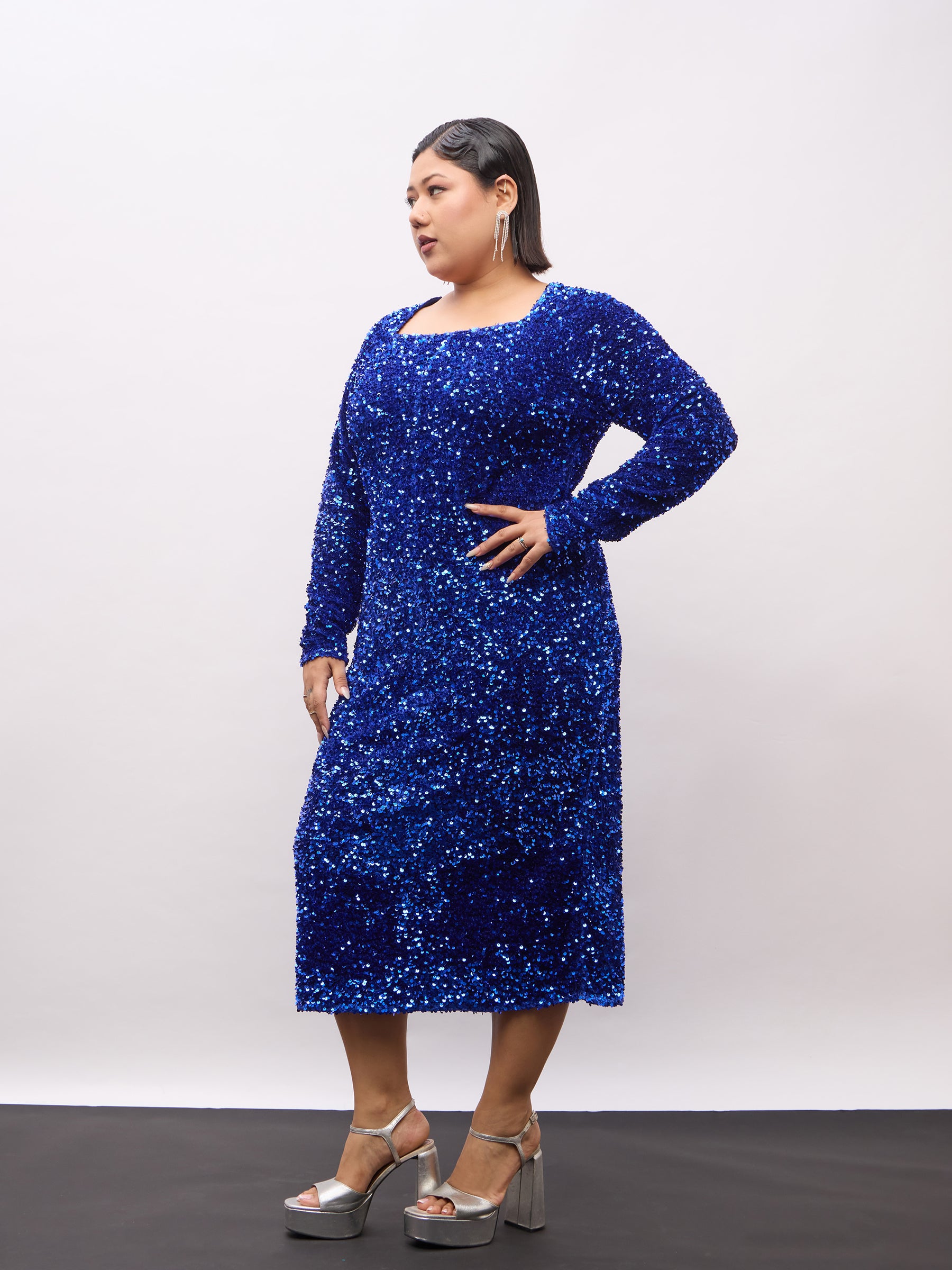 Royal Blue Velour Sequence Square Neck Midi Dress-SASSAFRAS Curve