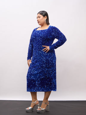 Royal Blue Velour Sequence Square Neck Midi Dress-SASSAFRAS Curve