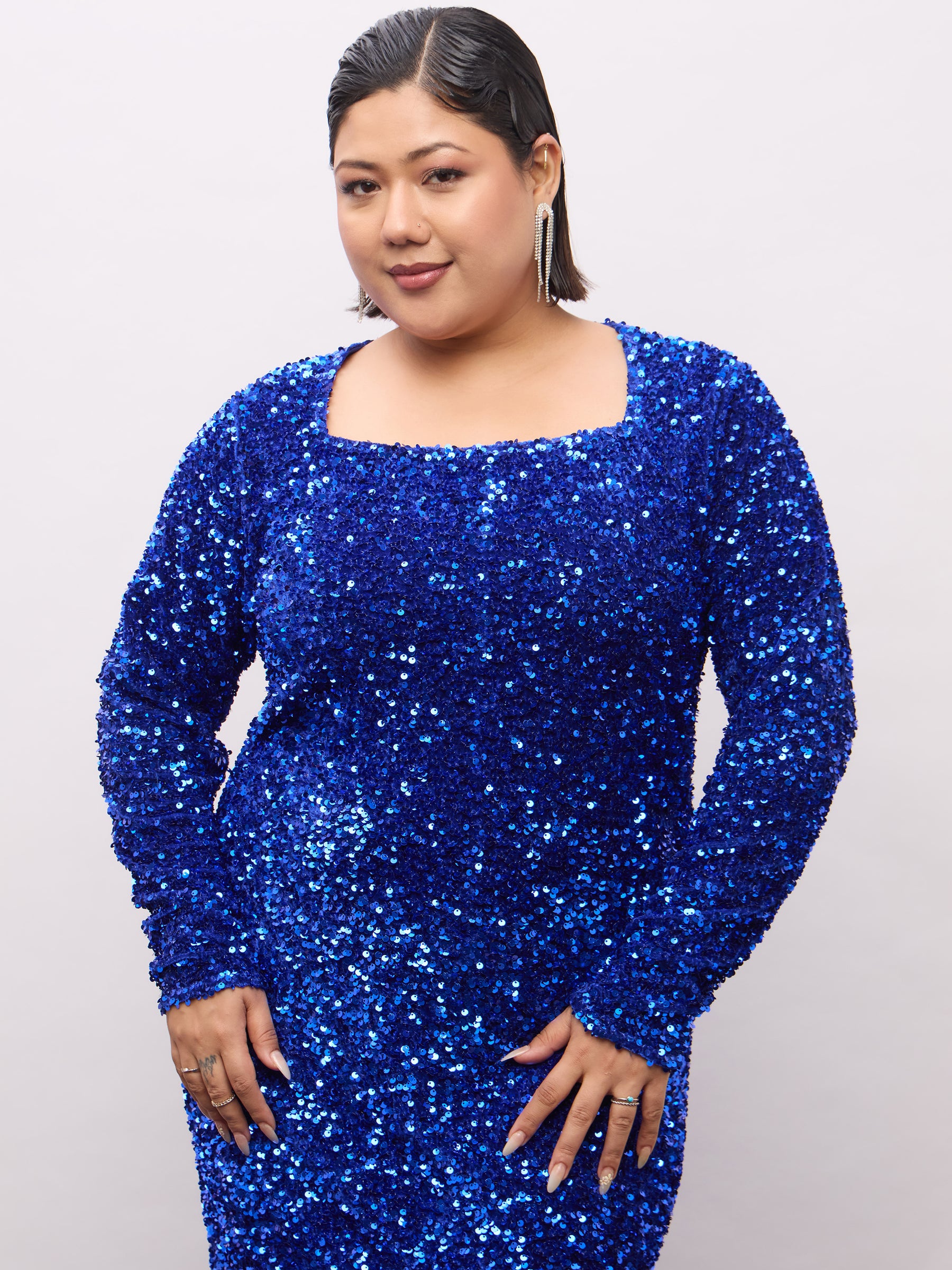Royal Blue Velour Sequence Square Neck Midi Dress-SASSAFRAS Curve